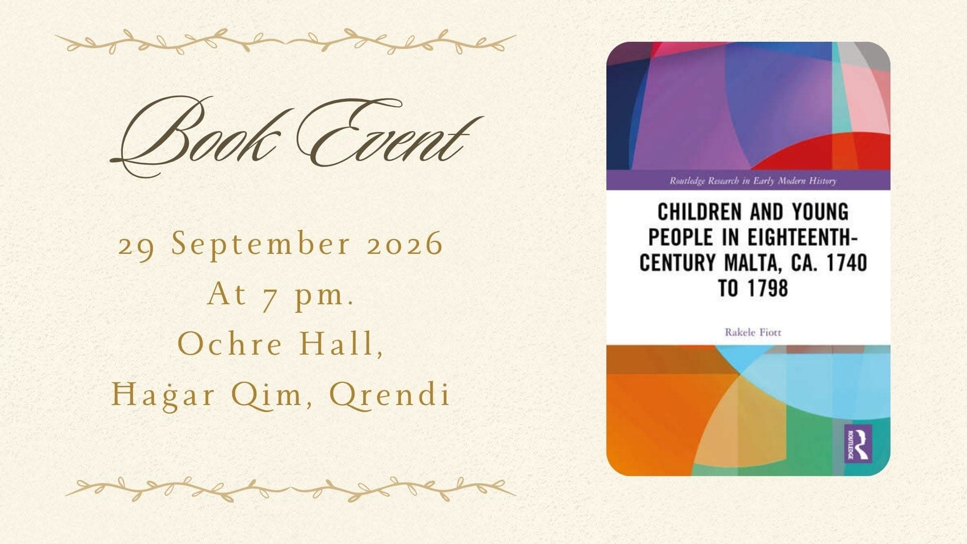 Book Event - children and Young People in 18th Century Malta c. 1740 to 1798